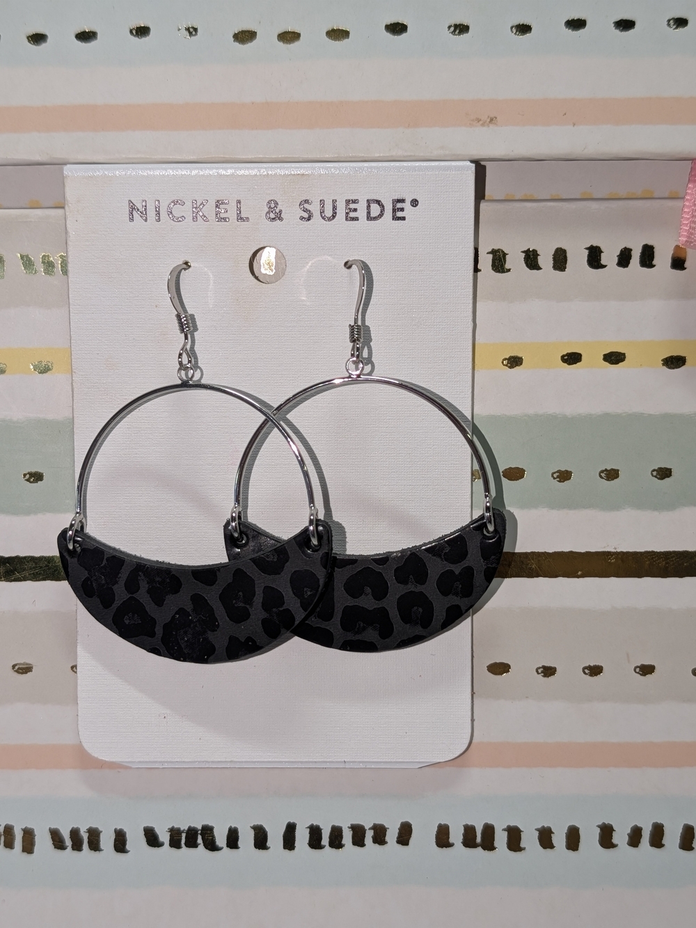 NEW Nickel & Suede Black Leopard Hoop Earrings